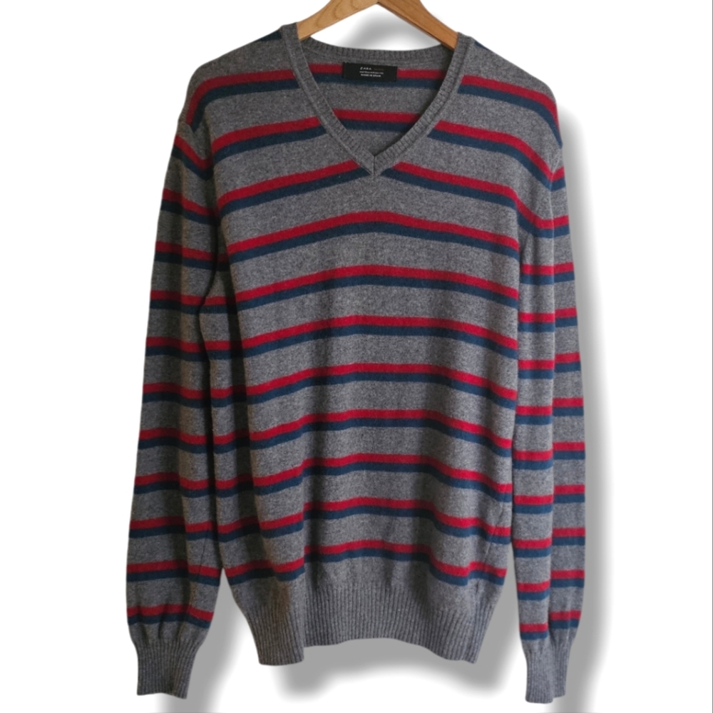 Zara Man Sweater Size XL Grey Red Blue Stripe Lightweight Wool V-Neck Men Preppy